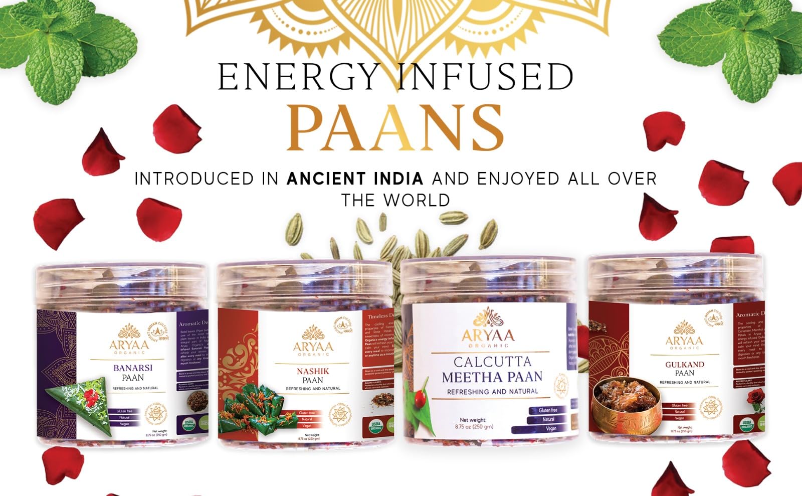 Aryaa Organic ingredient label detail showing natural, non-GMO sourcing
