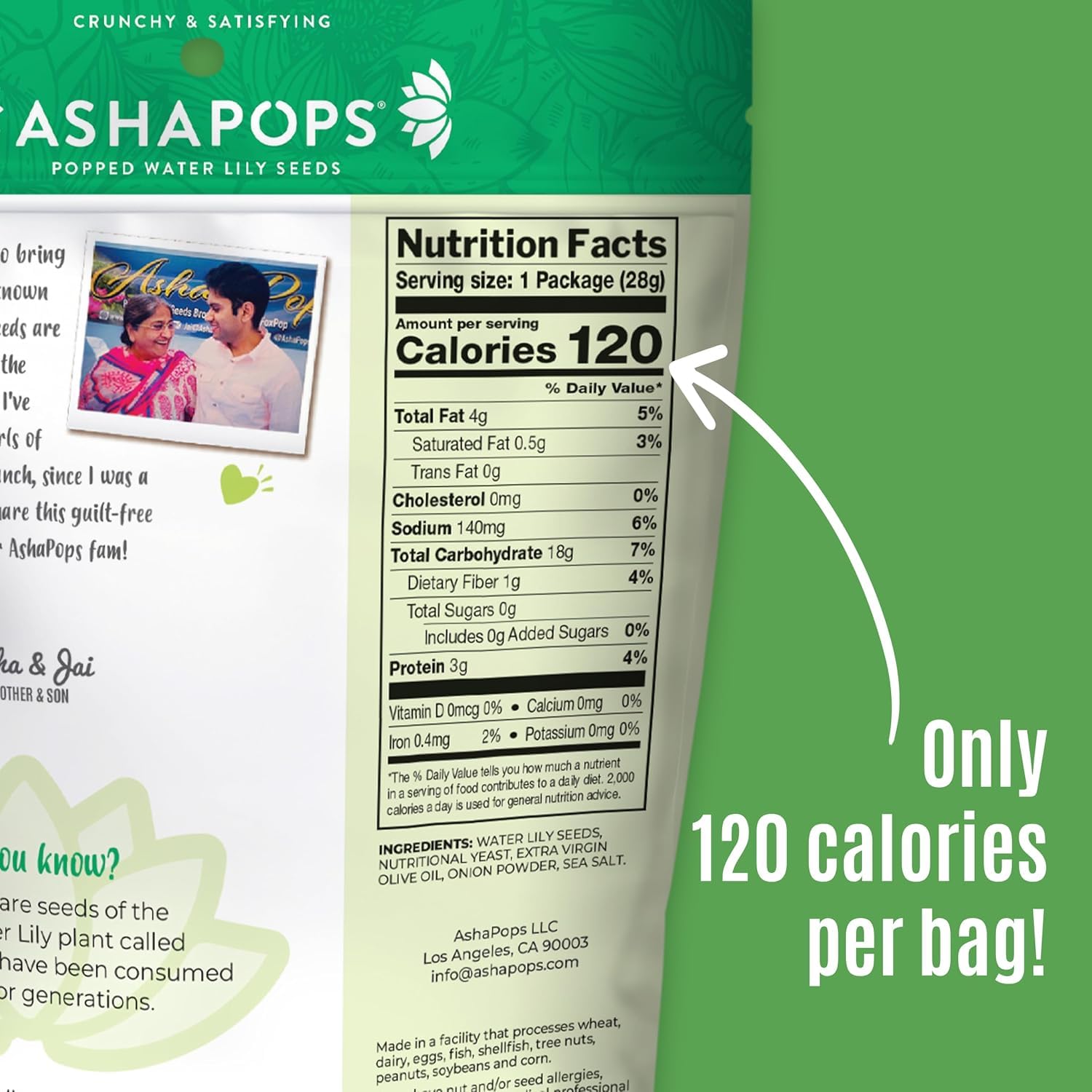 AshaPops open 1 oz bag close-up revealing airy popped water lily seeds and seasoning