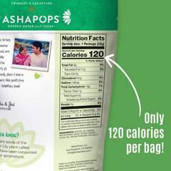 AshaPops open 1 oz bag close-up revealing airy popped water lily seeds and seasoning