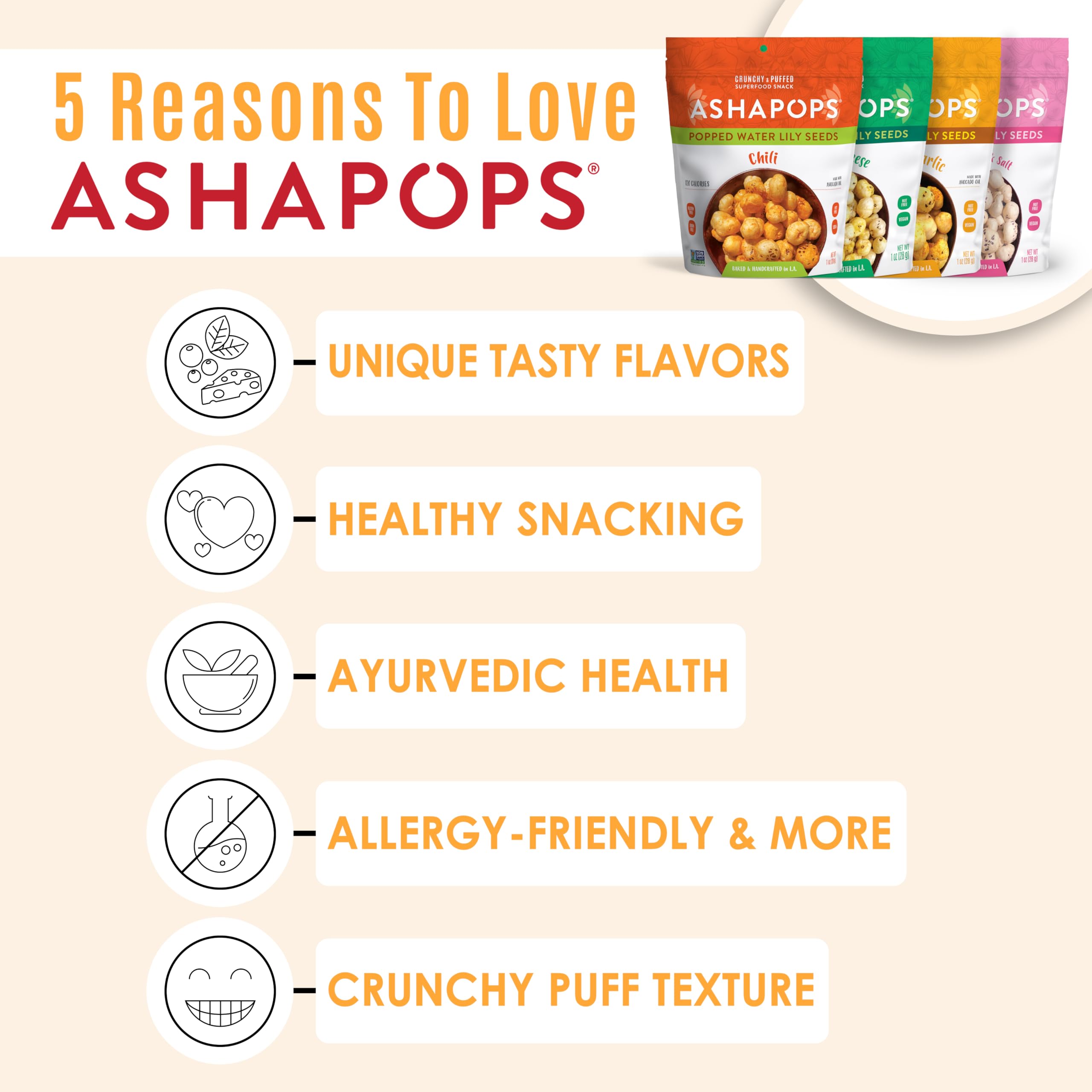 AshaPops four 1 oz bags arranged to display included flavors and convenience
