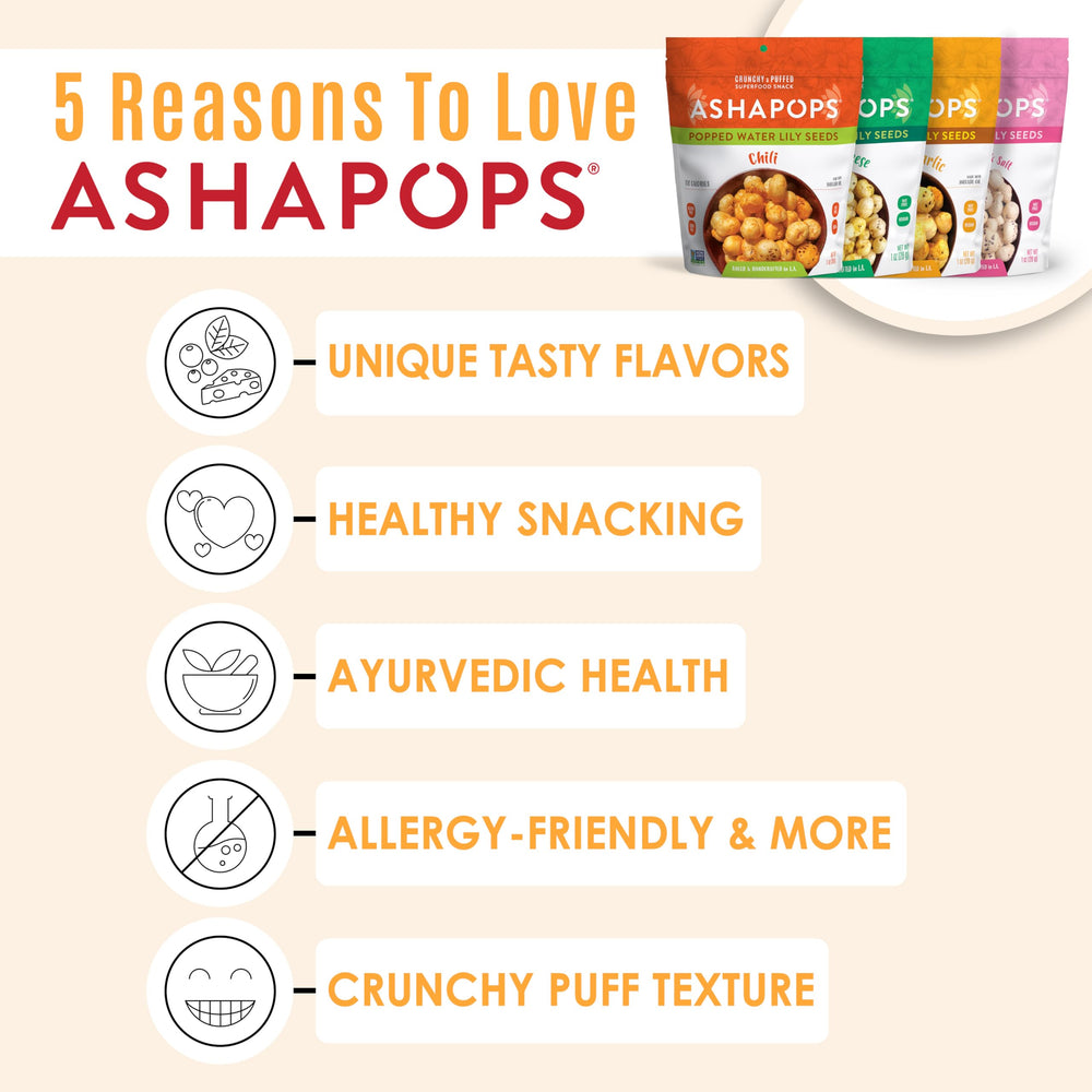 AshaPops four 1 oz bags arranged to display included flavors and convenience