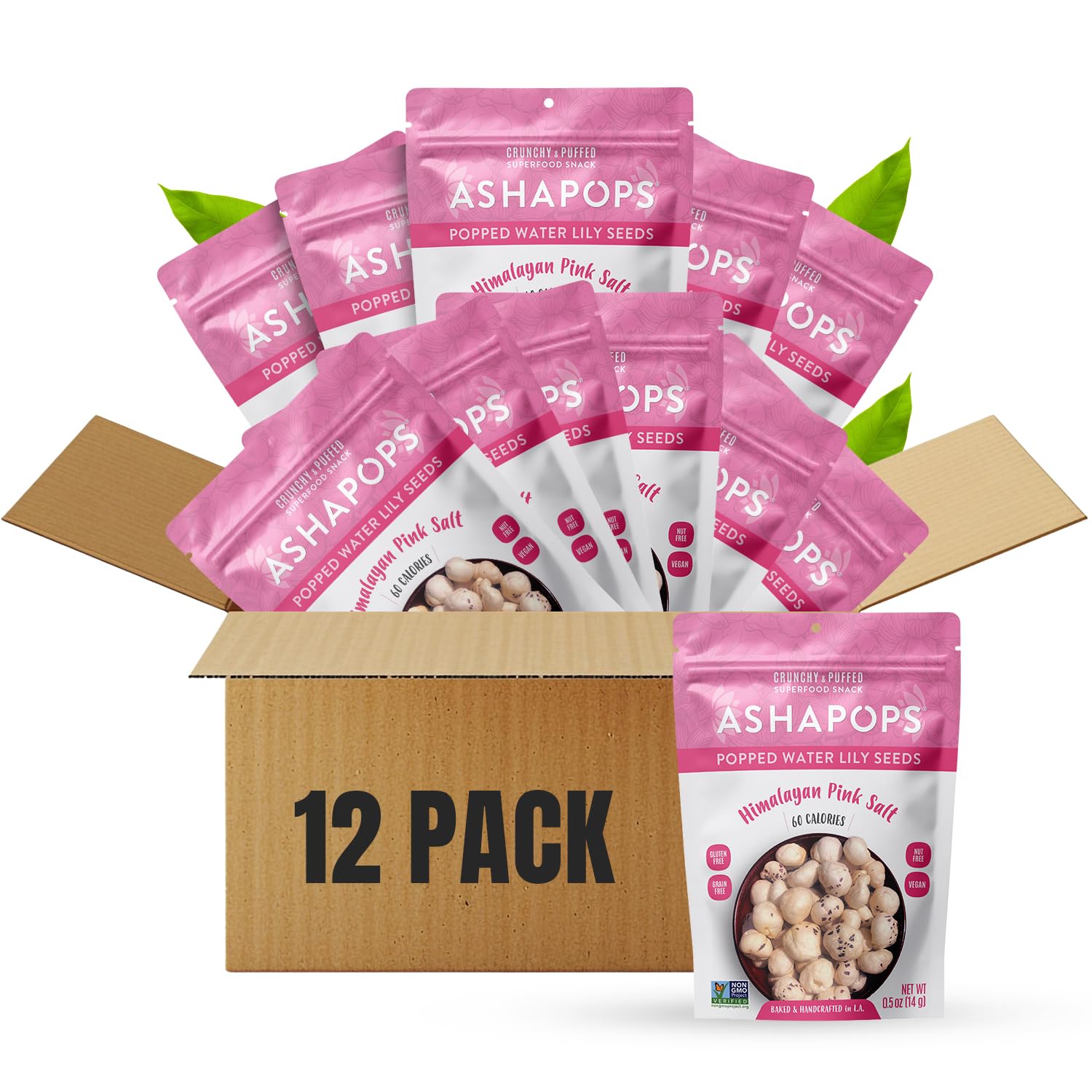 AshaPops front packaging showing Himalayan pink salt flavor and single-serve bag benefit