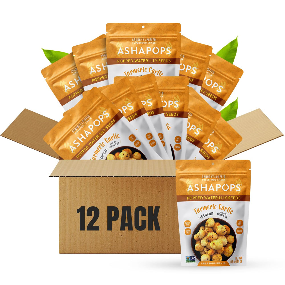 AshaPops front packaging showing turmeric garlic flavor and single-serve bags for convenience