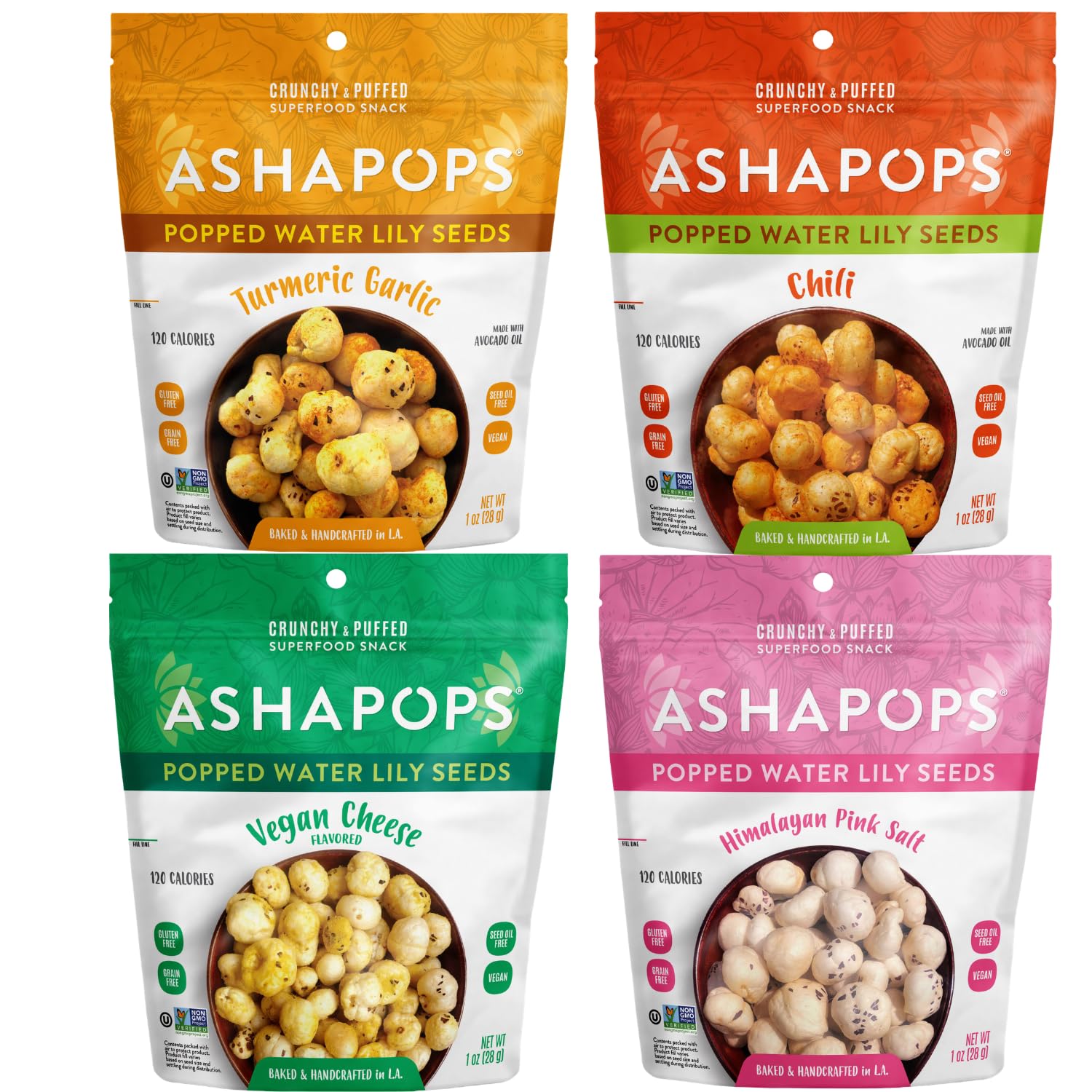 AshaPops front packaging showing four-flavor variety pack and brand
