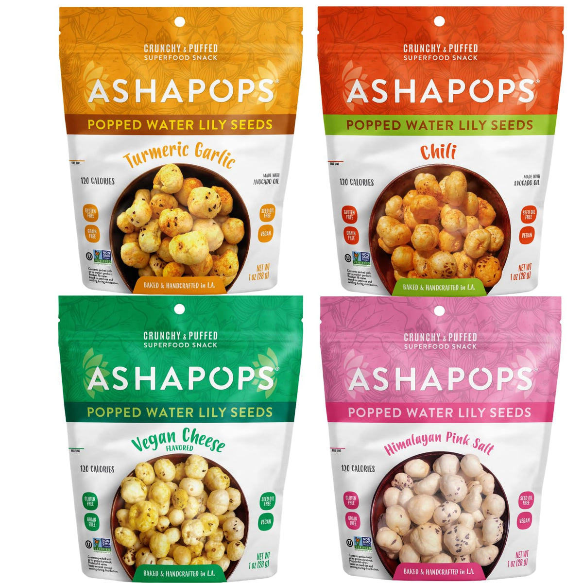 AshaPops front packaging showing four-flavor variety pack and brand