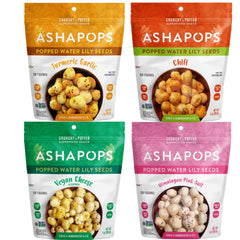 AshaPops front packaging showing four-flavor variety pack and brand