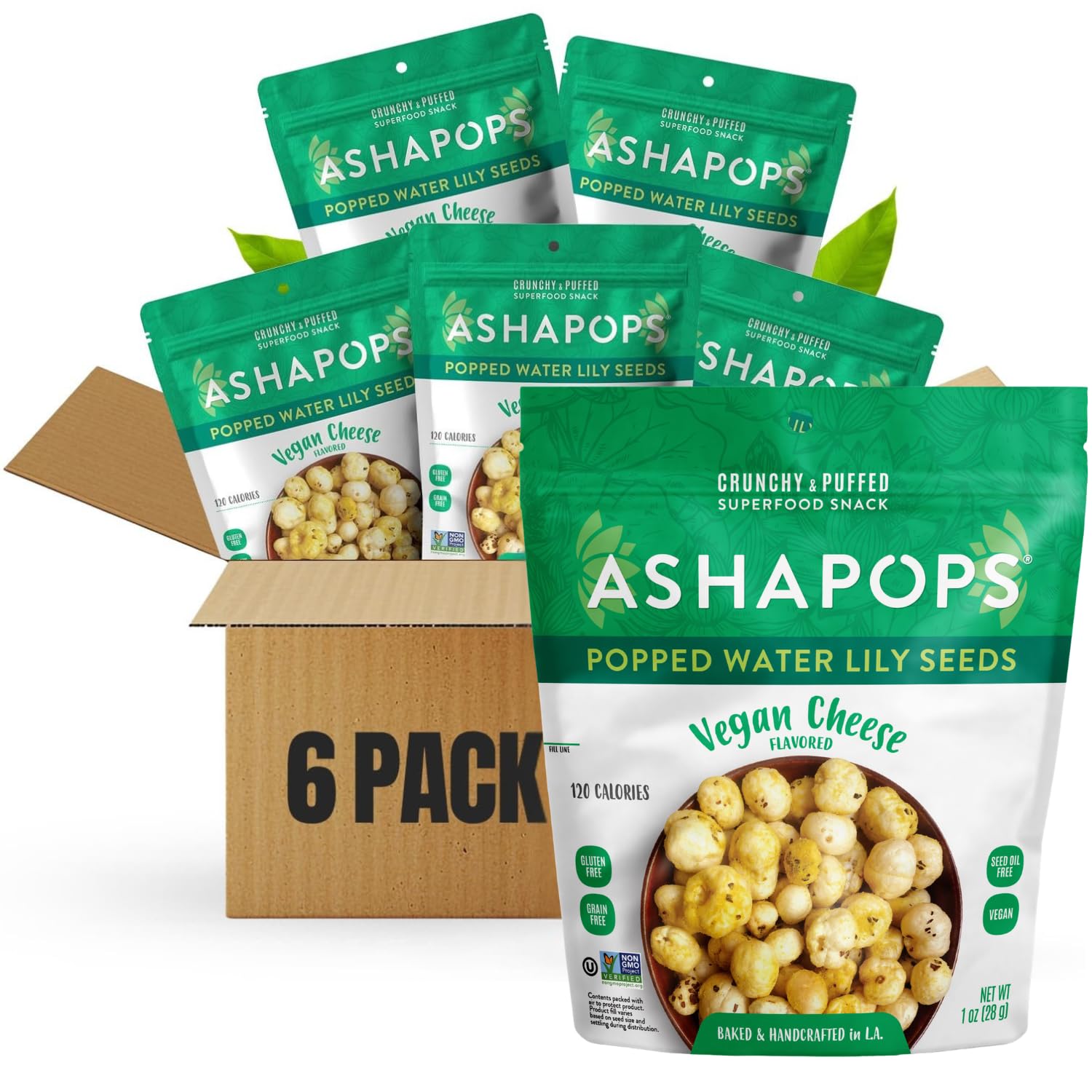 AshaPops front packaging showing six 1 oz bags and clear branding for convenience