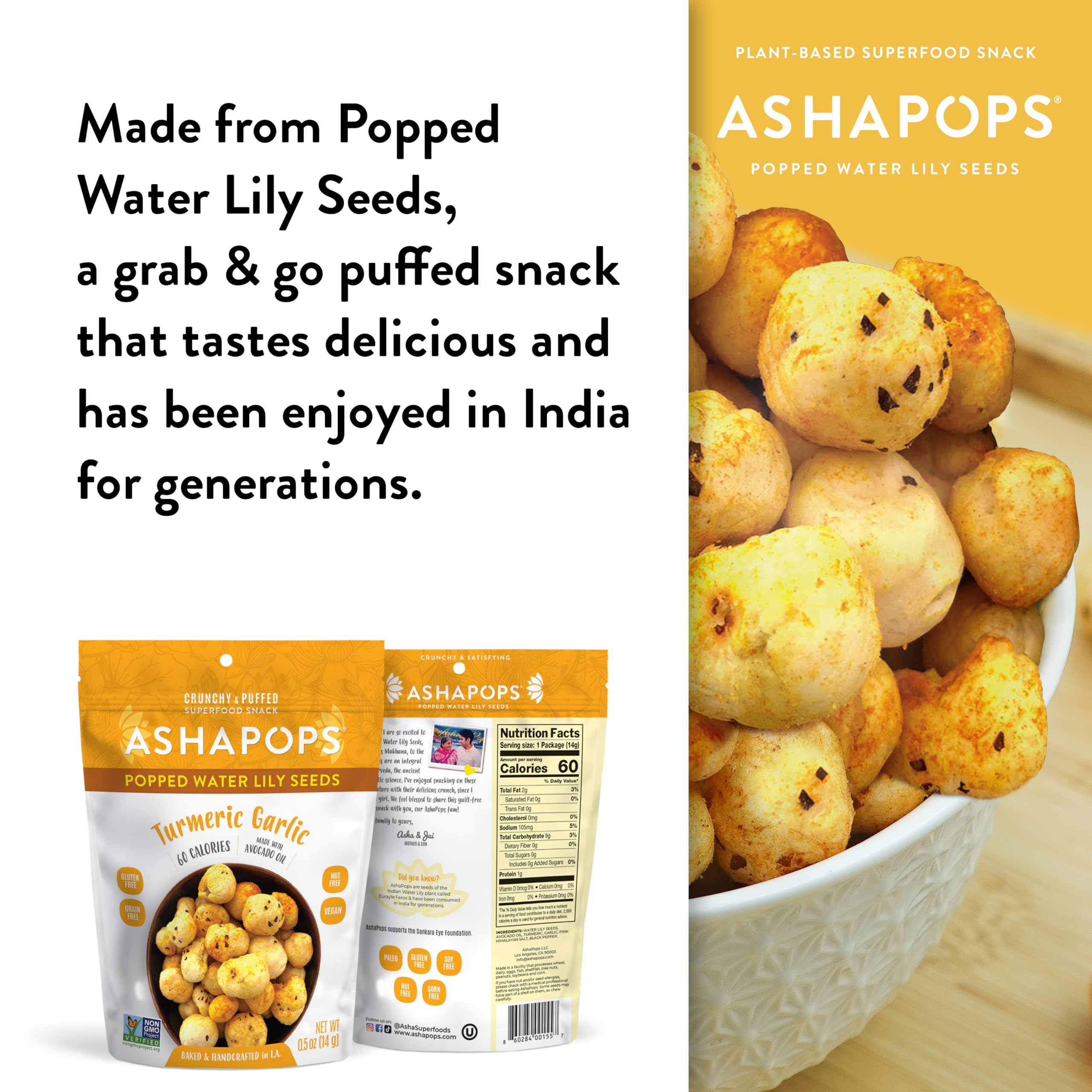 Small bowls of turmeric and garlic near AshaPops illustrating natural seasoning ingredients