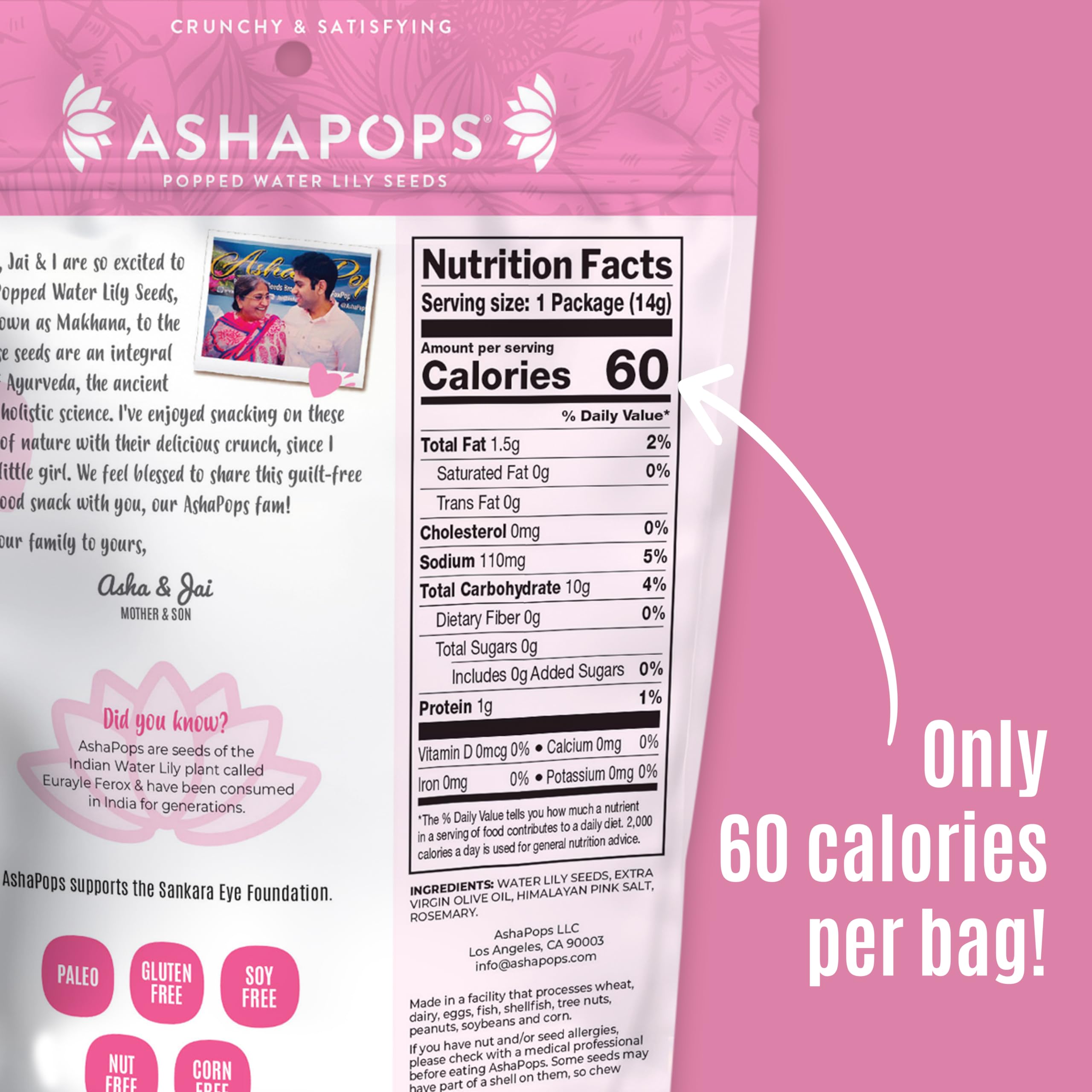 AshaPops open bag with visible popped seeds offering ready-to-eat appeal