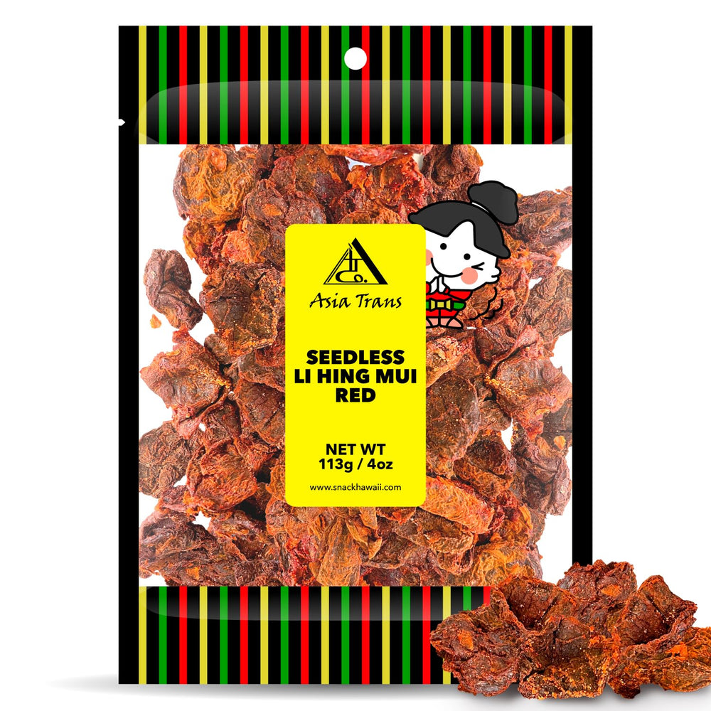 Asia Trans front packaging showing seedless red li hing mui plums and clear branding benefit: recognizable Hawaiian snack