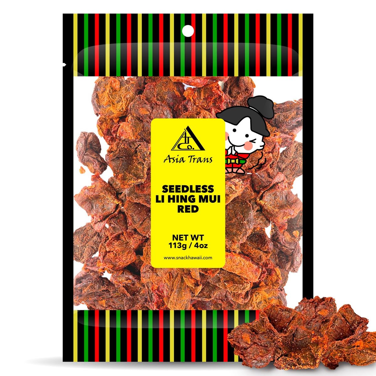 Asia Trans front packaging showing seedless red li hing mui plums and clear branding benefit: recognizable Hawaiian snack