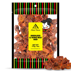 Asia Trans front packaging showing seedless red li hing mui plums and clear branding benefit: recognizable Hawaiian snack