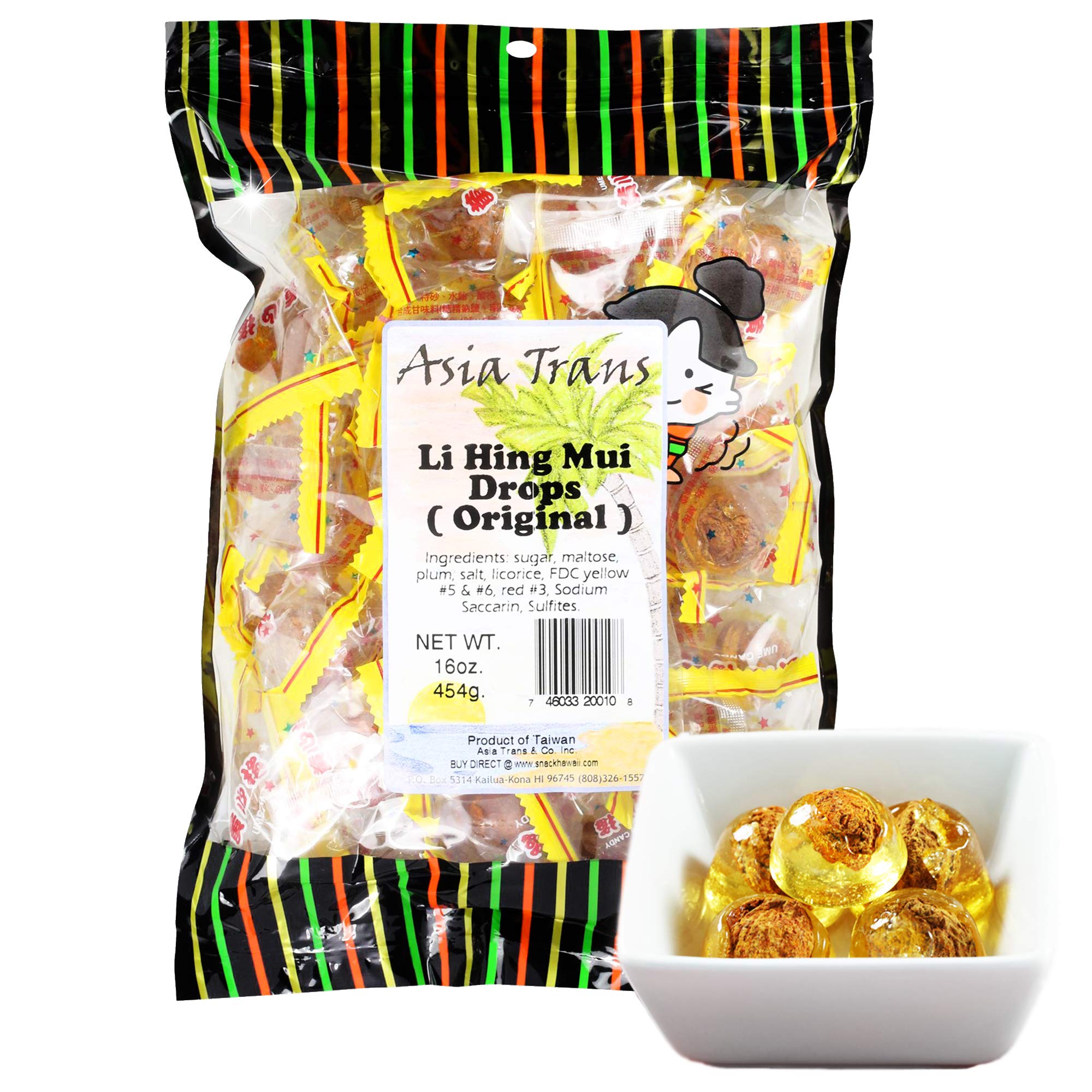 Asia Trans front packaging showing Golden Plum Crack Seed Drops, authentic Hawaiian snack