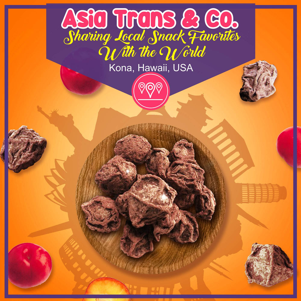 Asia Trans & Co. plums beside a coin showing real size and portion