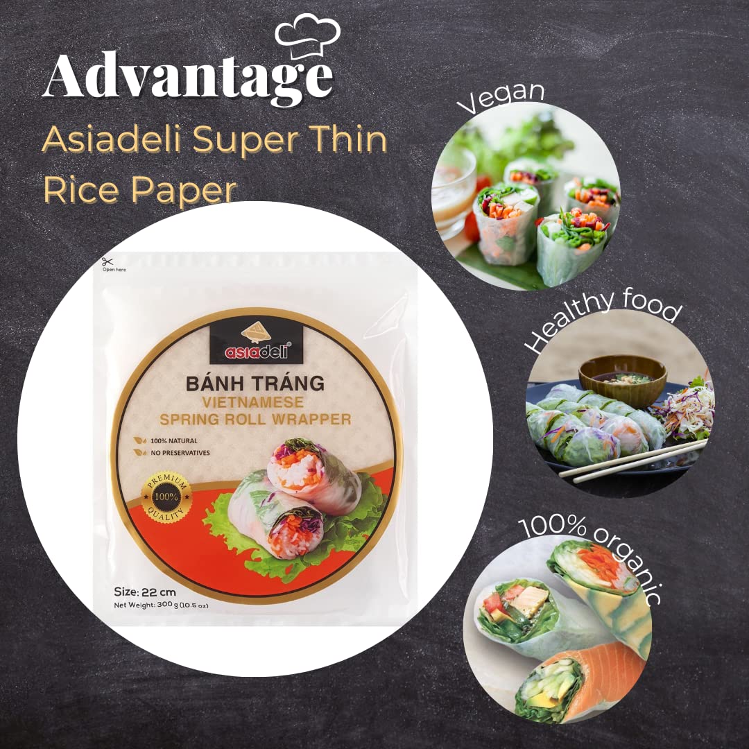 ASIADELI rice paper next to dinner plate showing 22cm scale and portion planning benefit