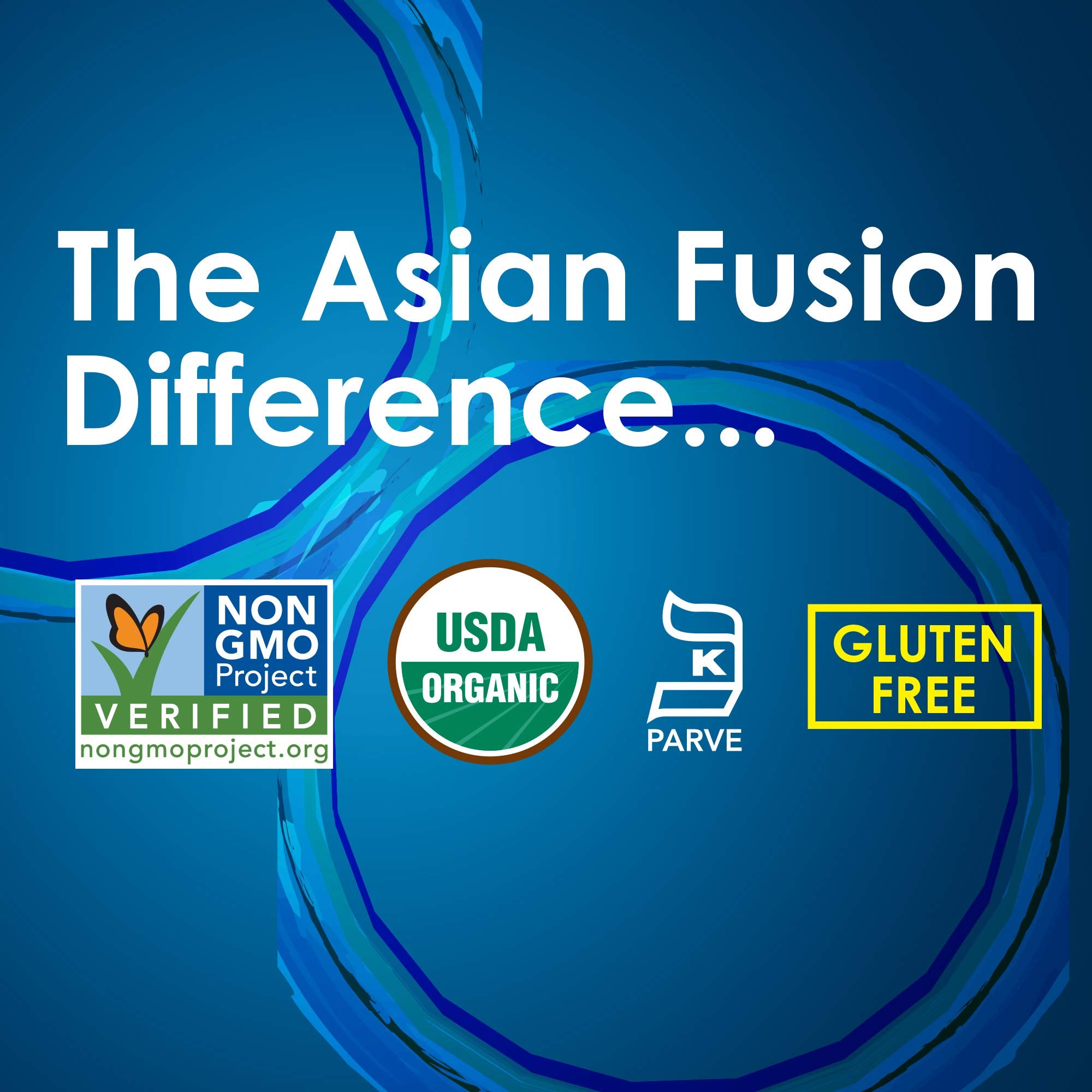 Asian Fusion ingredient and certification panel emphasizing organic and allergen-friendly benefits