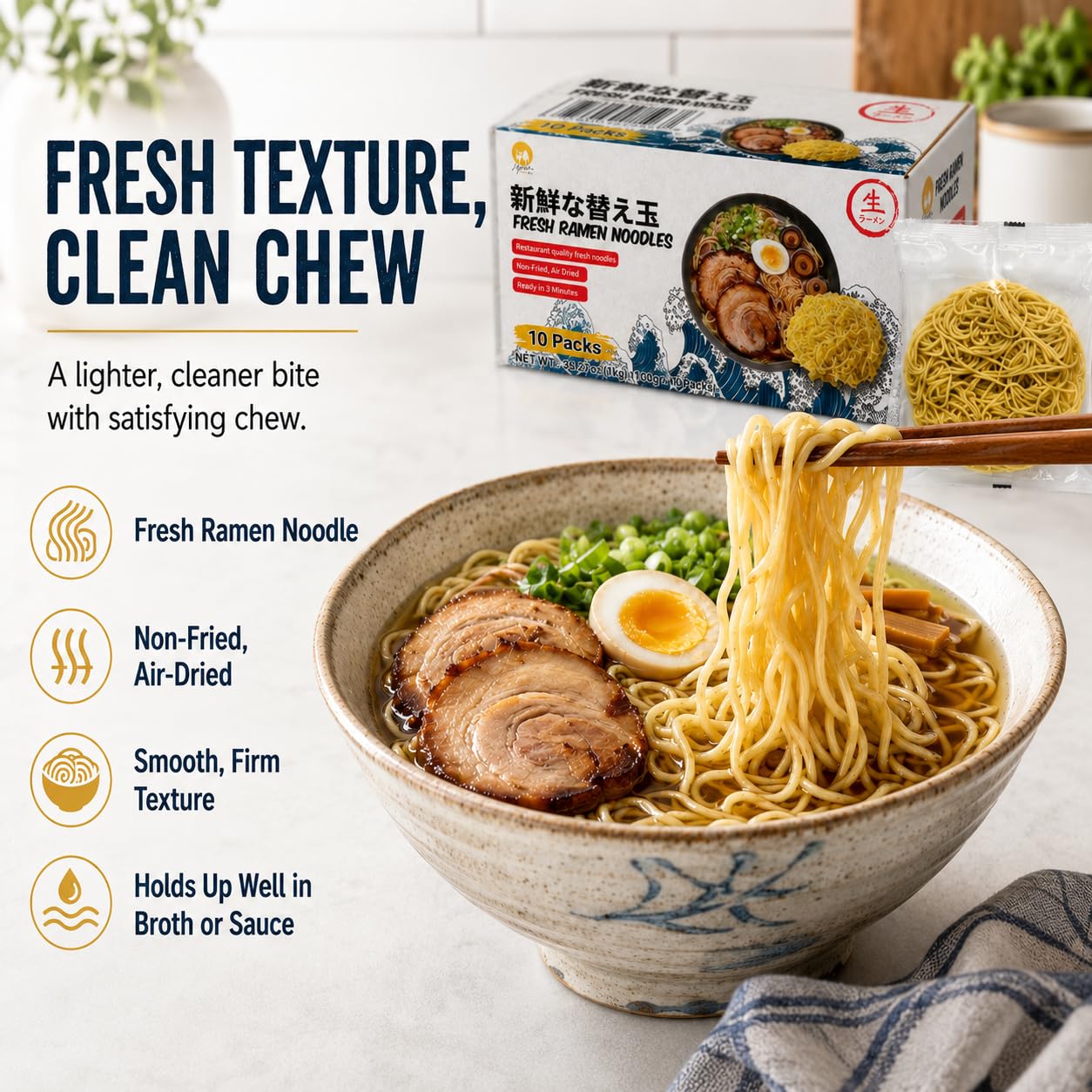 Asiatic Dishes noodles cooking in pot demonstrating quick three-minute prep