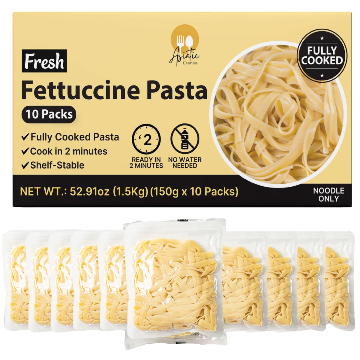 Asiatic Dishes front packaging showing ten sealed fettuccine portions and convenience
