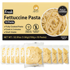 Asiatic Dishes front packaging showing ten sealed fettuccine portions and convenience