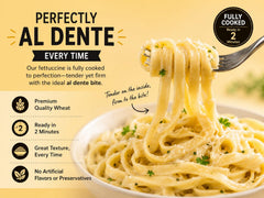 Asiatic Dishes fettuccine plated in bowl with alfredo displaying quick meal appeal