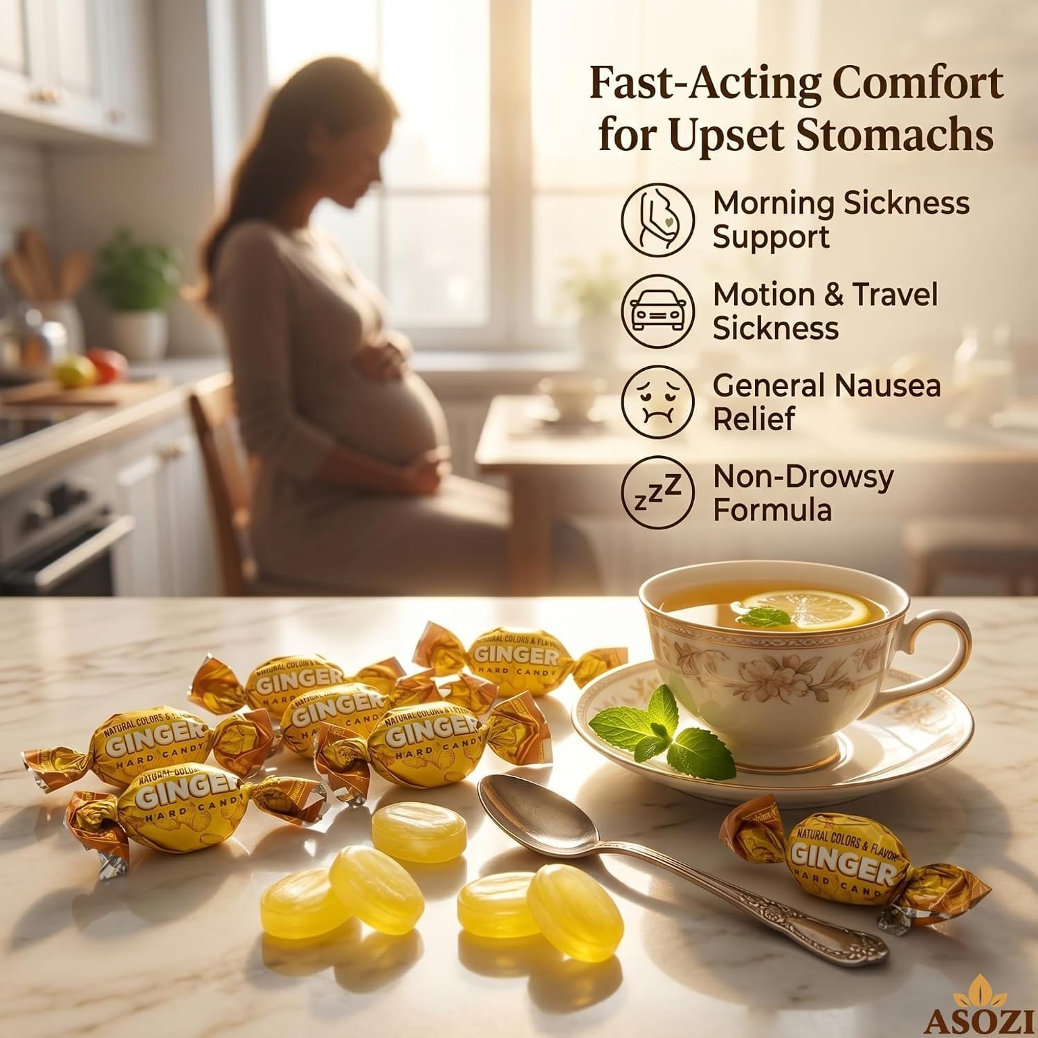 ASOZI candies spread next to label showing ingredient clarity benefit