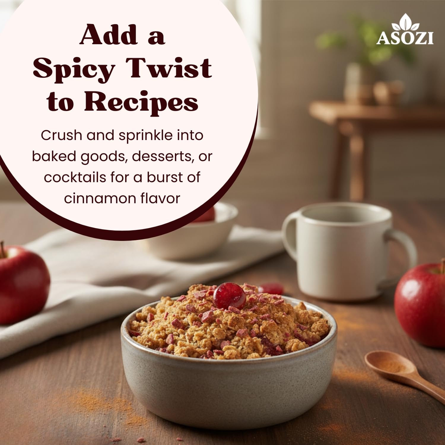 ASOZI crushed discs used as topping adding crunchy cinnamon flavor