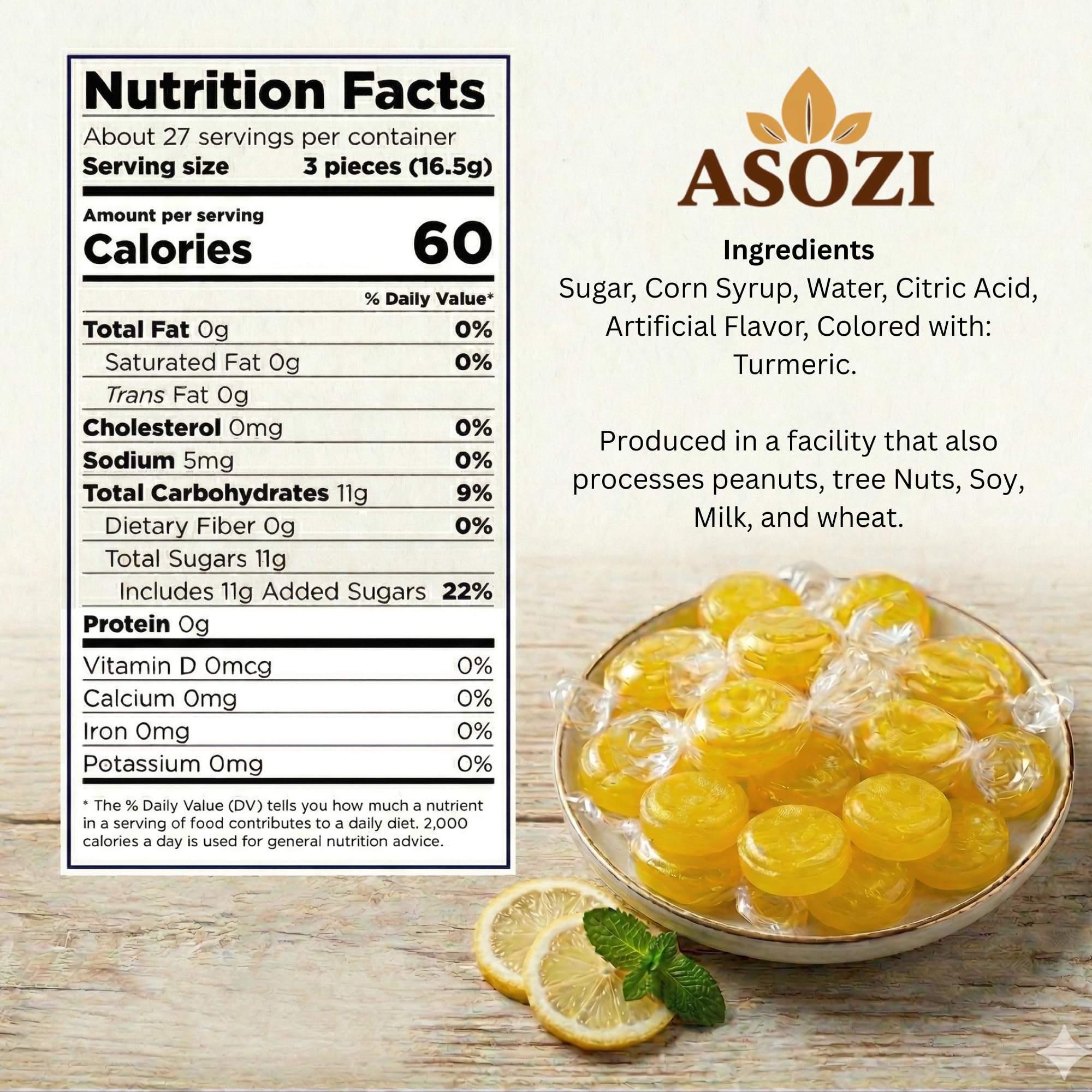 ASOZI individual wrapped lemon drop close-up highlighting freshness and portability