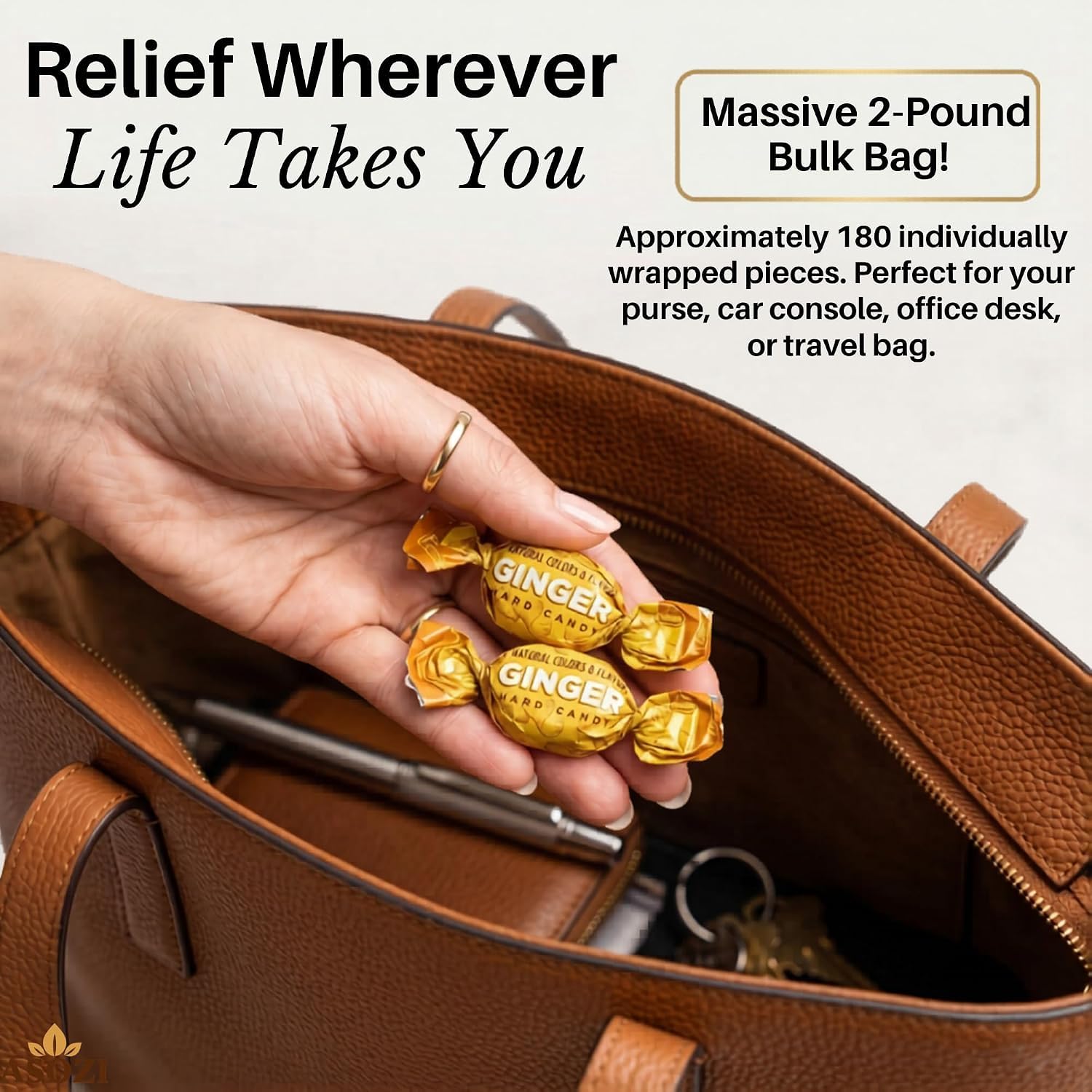 ASOZI traveler holding candy on bus illustrating motion sickness aid