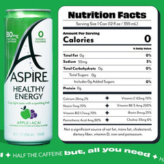 Aspire Apple Acai can side label close-up displaying ingredients and vitamins
