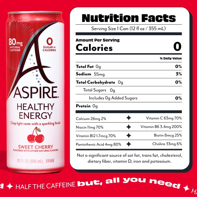 Aspire Sweet Cherry can close-up highlighting ingredients and zero sugar claim