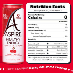 Aspire Sweet Cherry can close-up highlighting ingredients and zero sugar claim