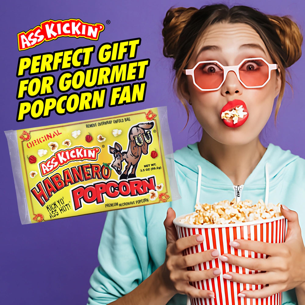ASS KICKIN' popped popcorn in bowl demonstrating generous habanero seasoning