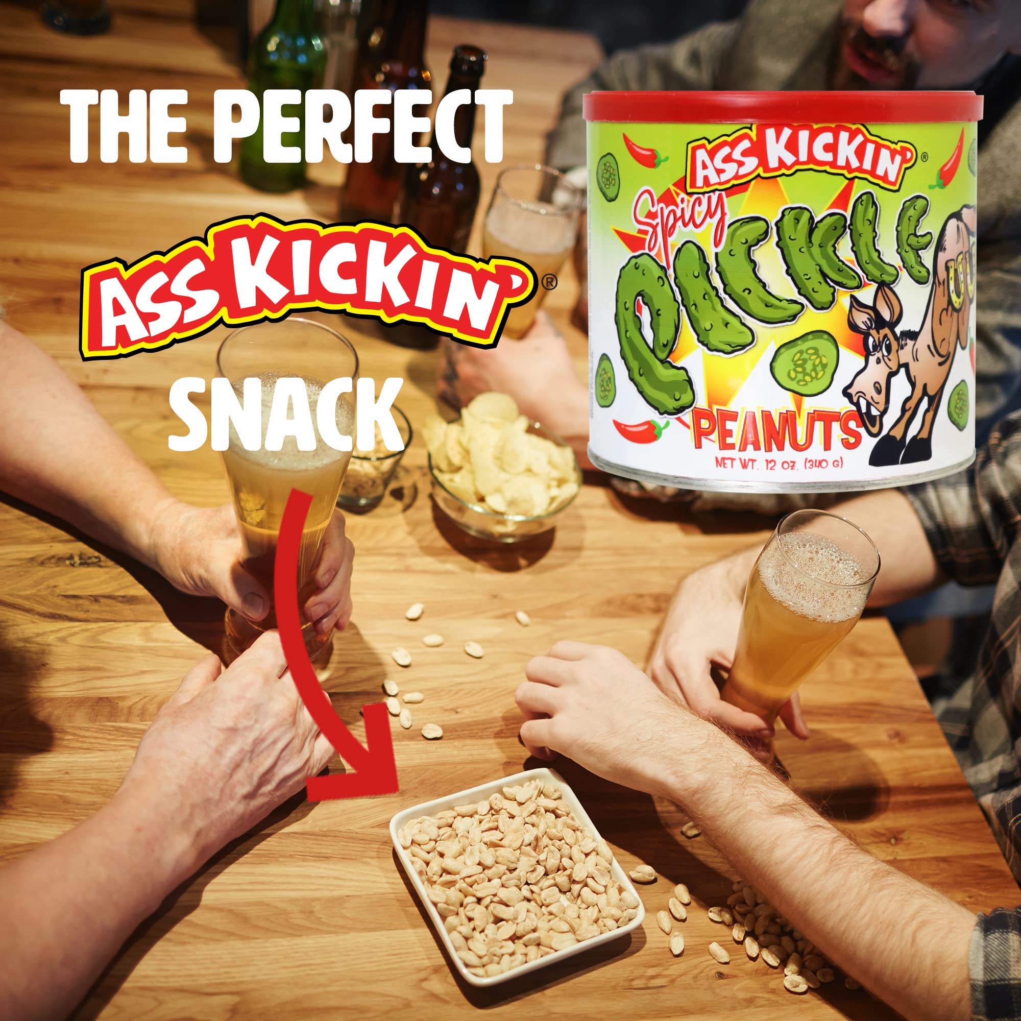 ASS KICKIN' peanuts beside a beer showing ideal game-day pairing and flavor contrast