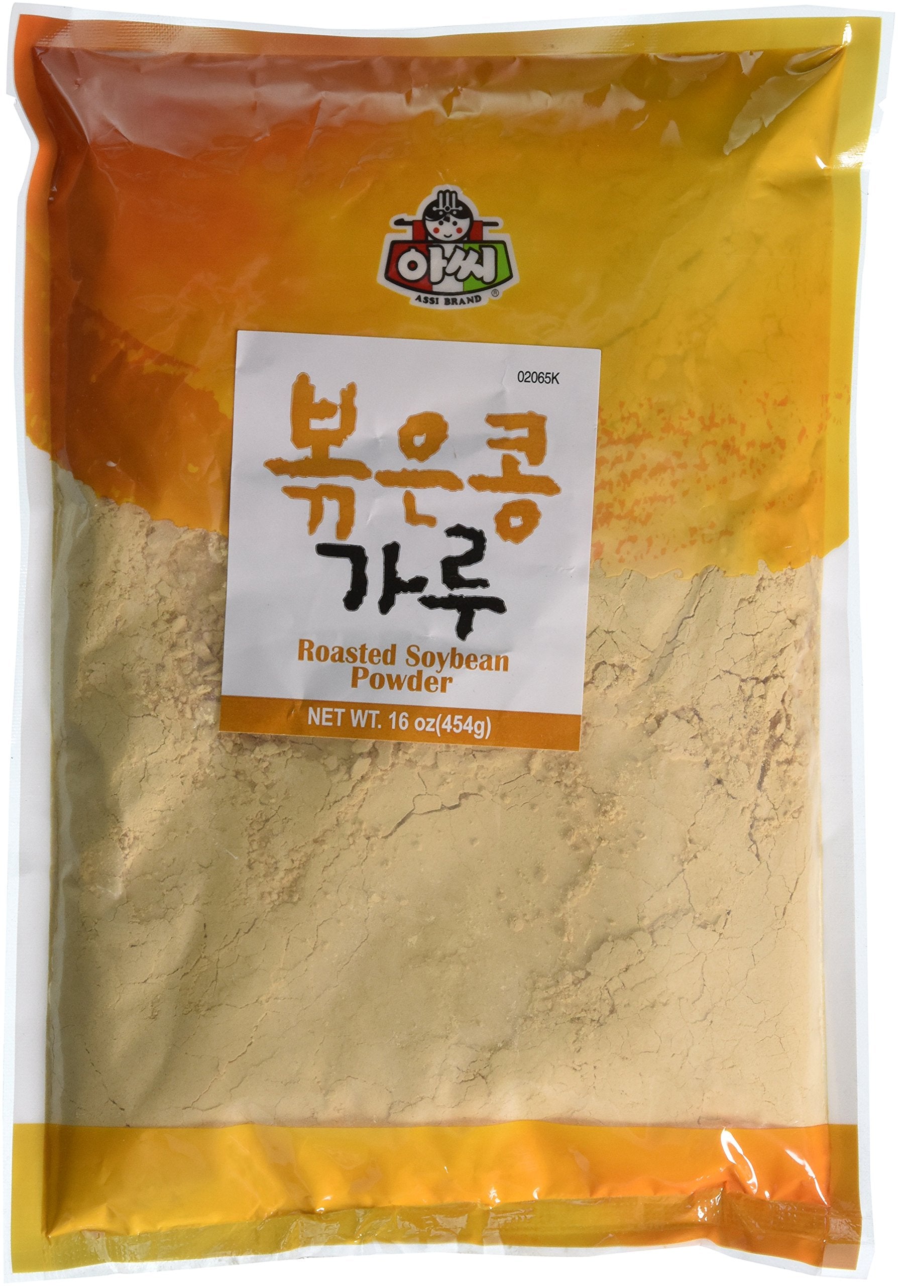 Assi roasted soy powder front packaging showing 16 ounce bag and product branding benefits convenience