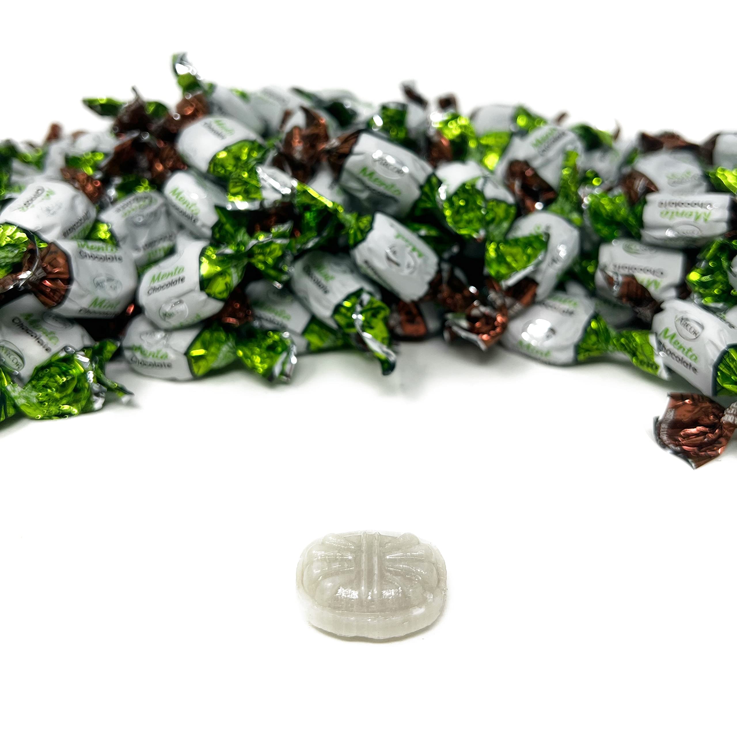 Assortit chocolate center cross-section showing creamy filling and mint contrast
