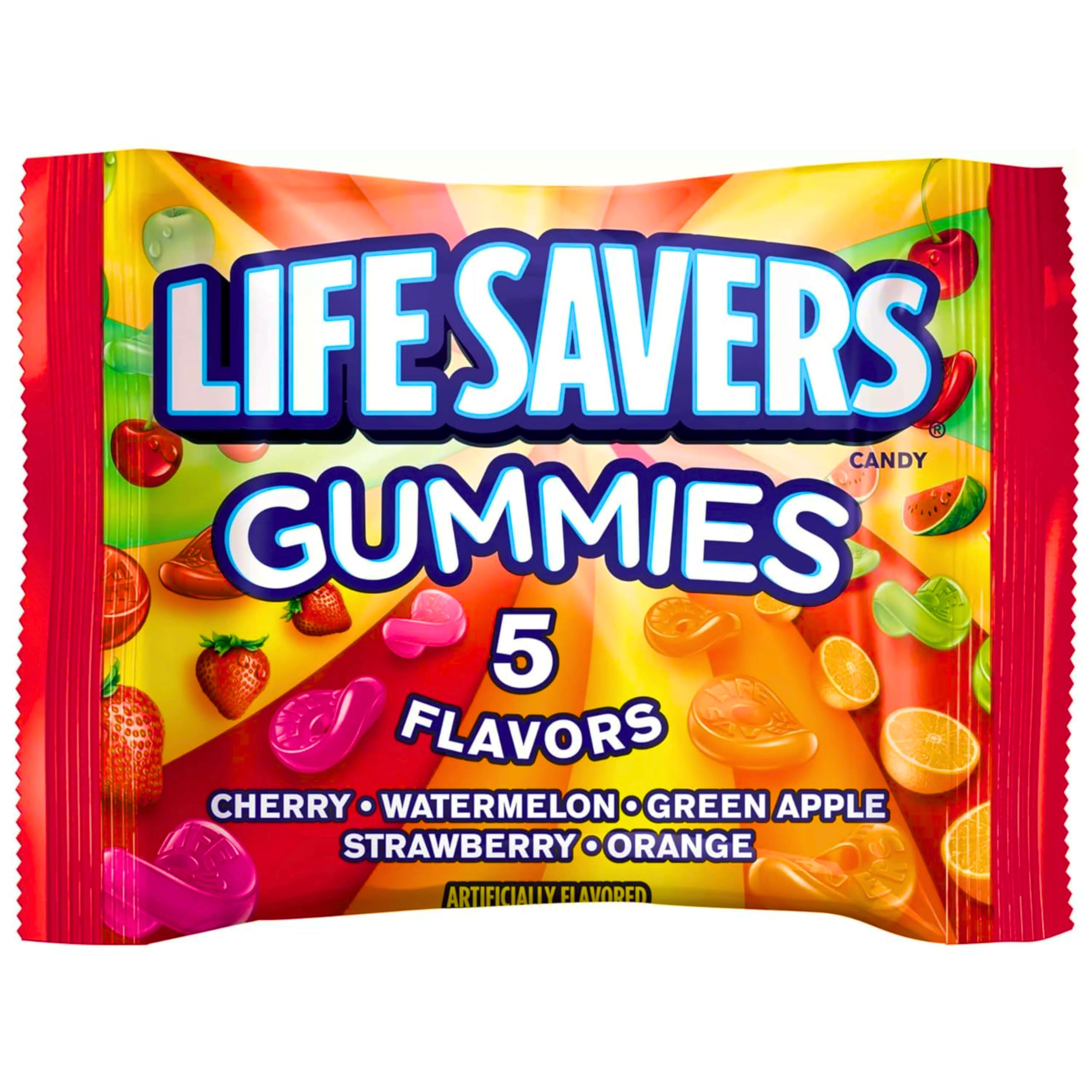 Assortit flavor variety layout with five colored gummies showcasing distinct fruit choices