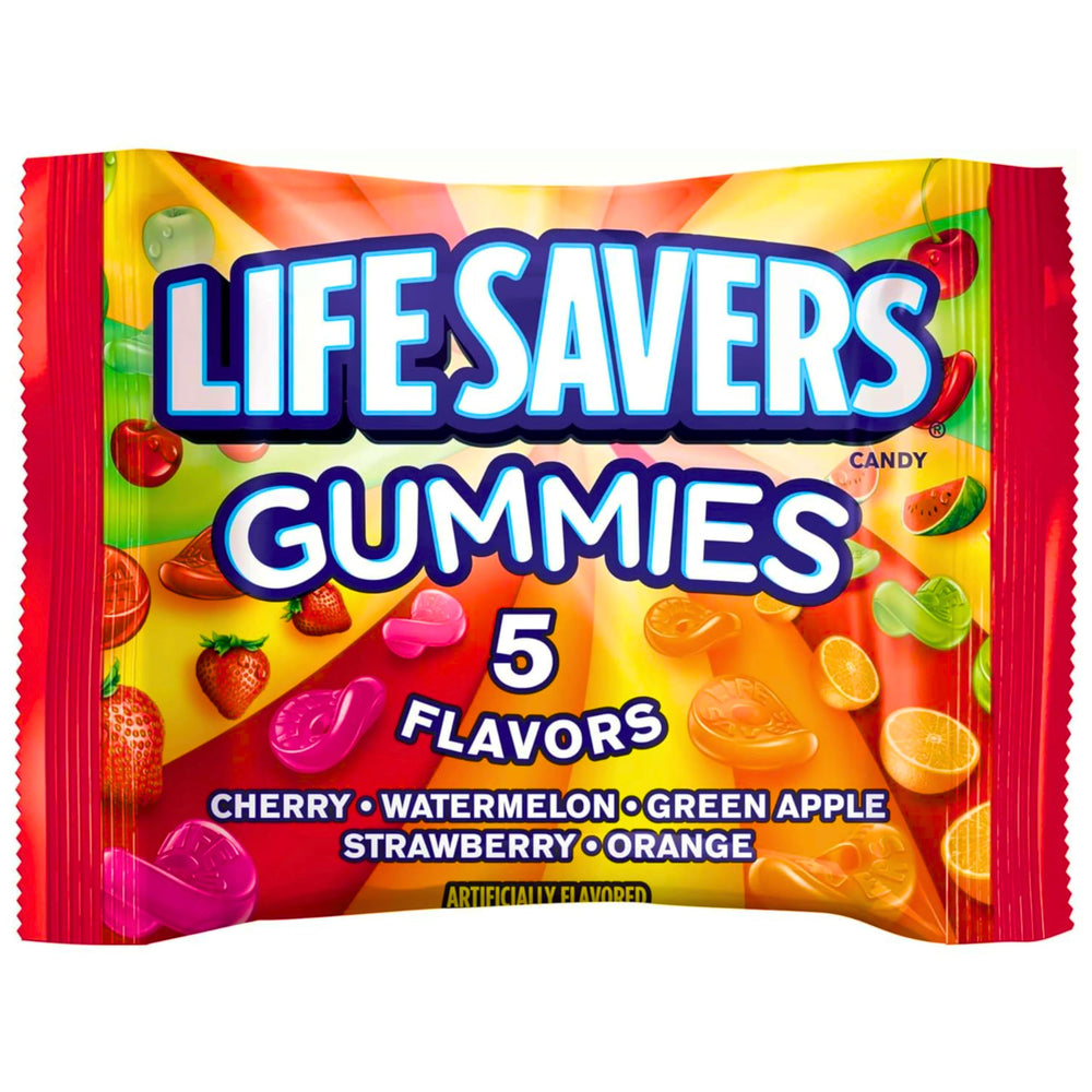 Assortit flavor variety layout with five colored gummies showcasing distinct fruit choices