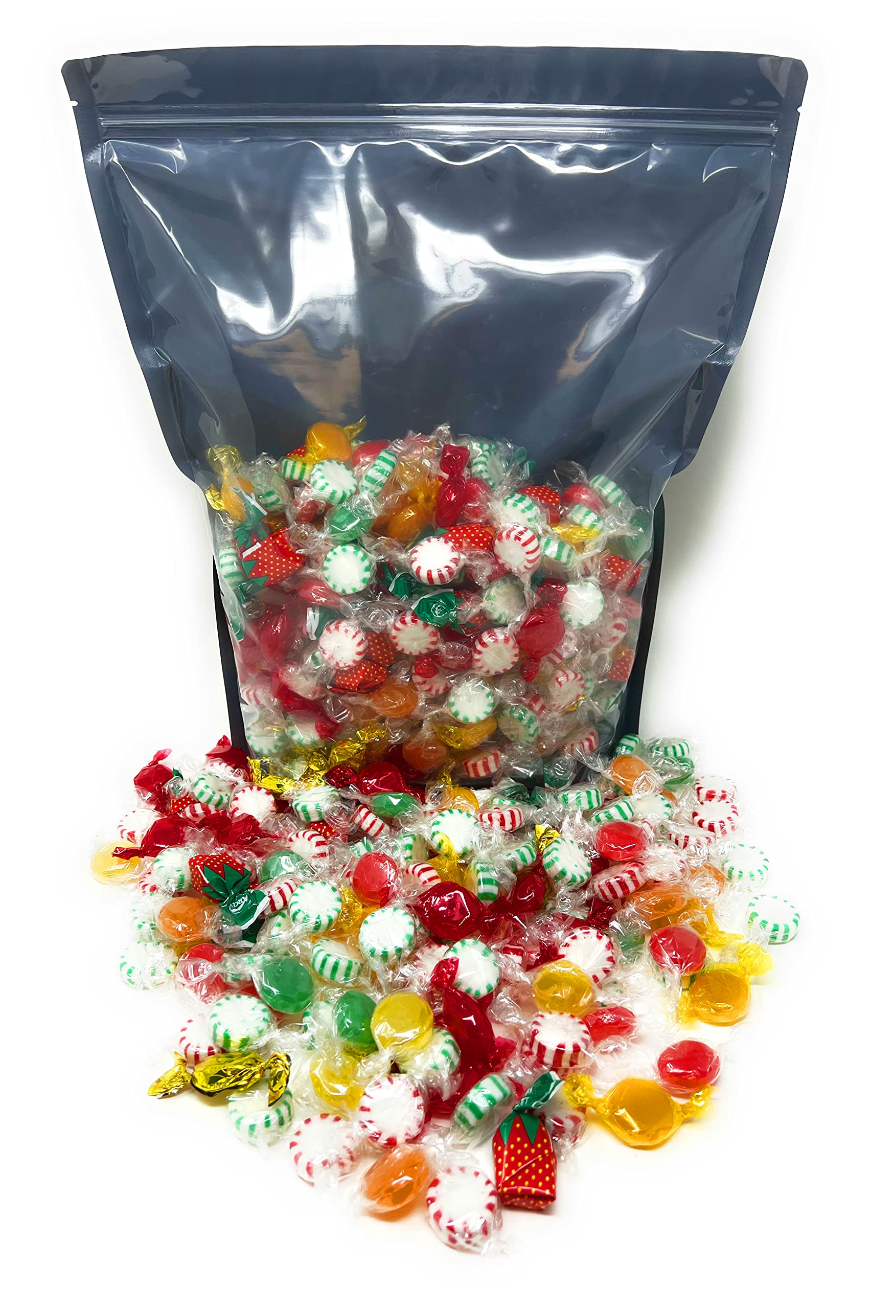 Assortit spread showing peppermint, cinnamon, fruit disks and jelly-filled candies for variety