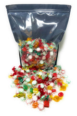 Assortit spread showing peppermint, cinnamon, fruit disks and jelly-filled candies for variety