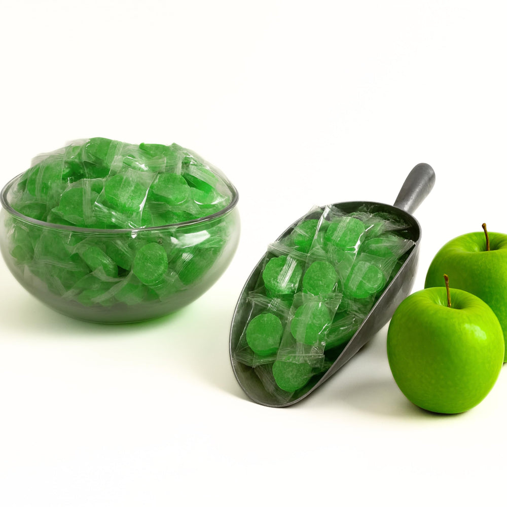 Assortit close-up of a green apple Button texture and gloss, vivid tart appearance