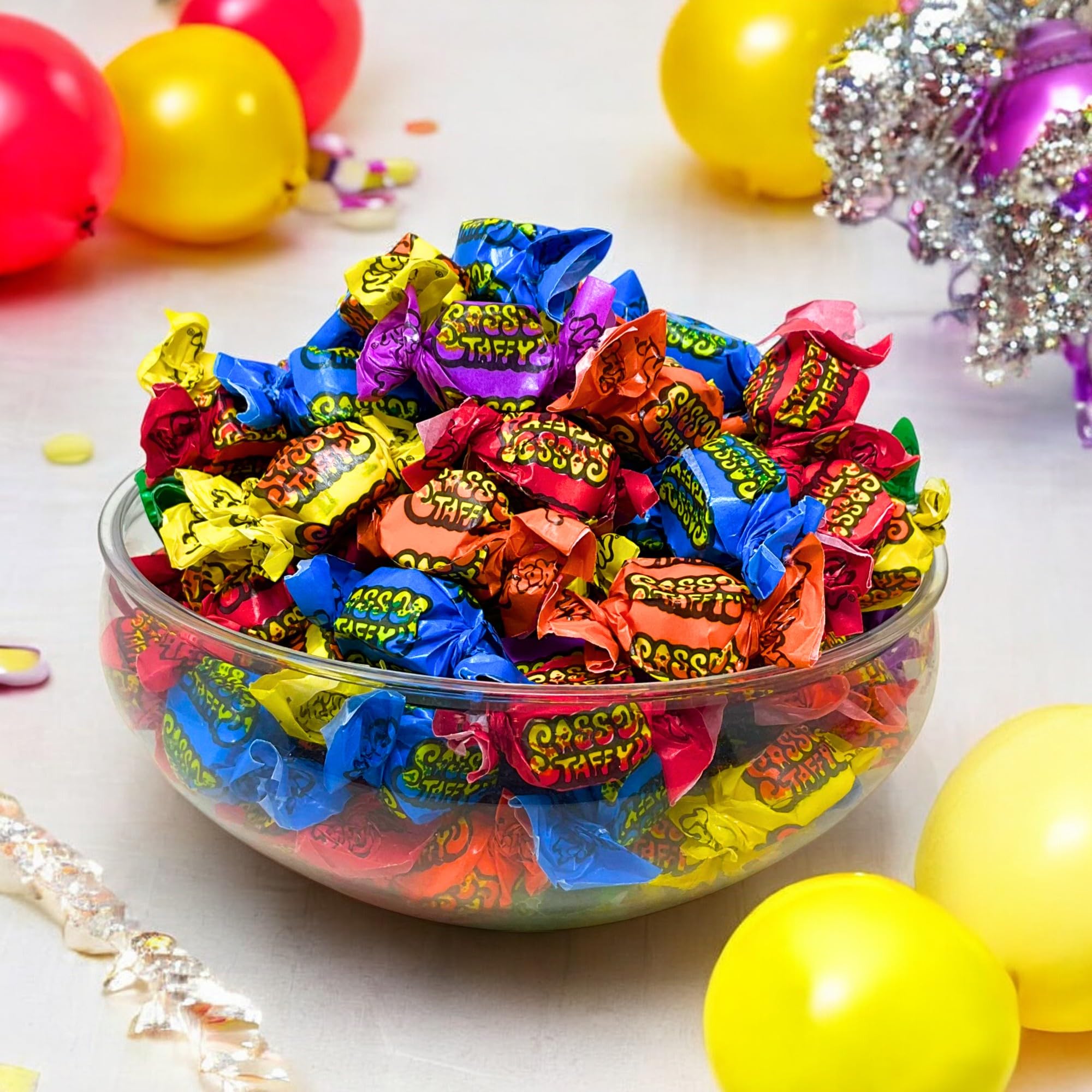 Assortit close-up of taffy texture showing soft chewiness and sour coating for appeal