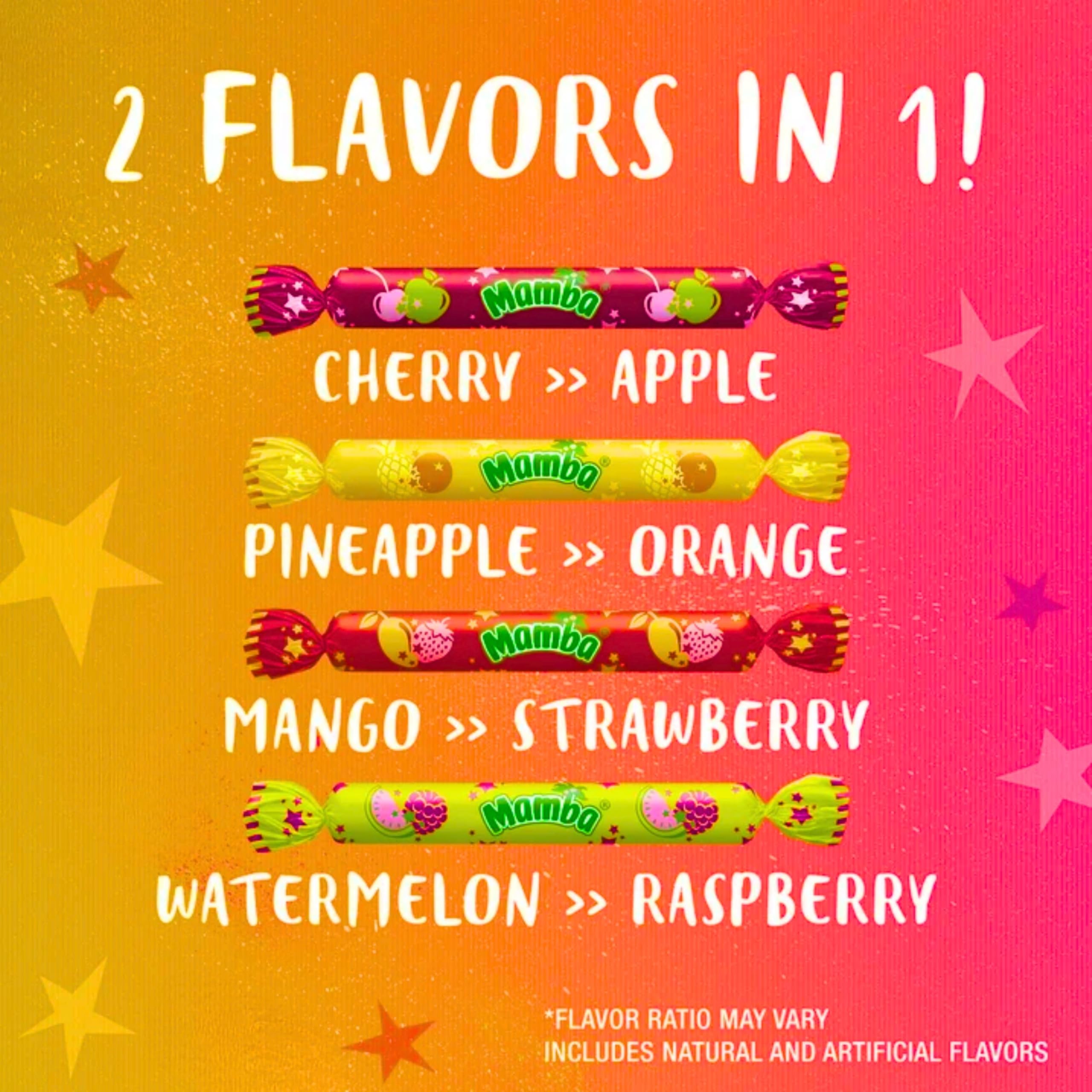 Assortit Mamba Magic Sticks close-up of chewy texture displaying soft, juicy fruit chew appeal