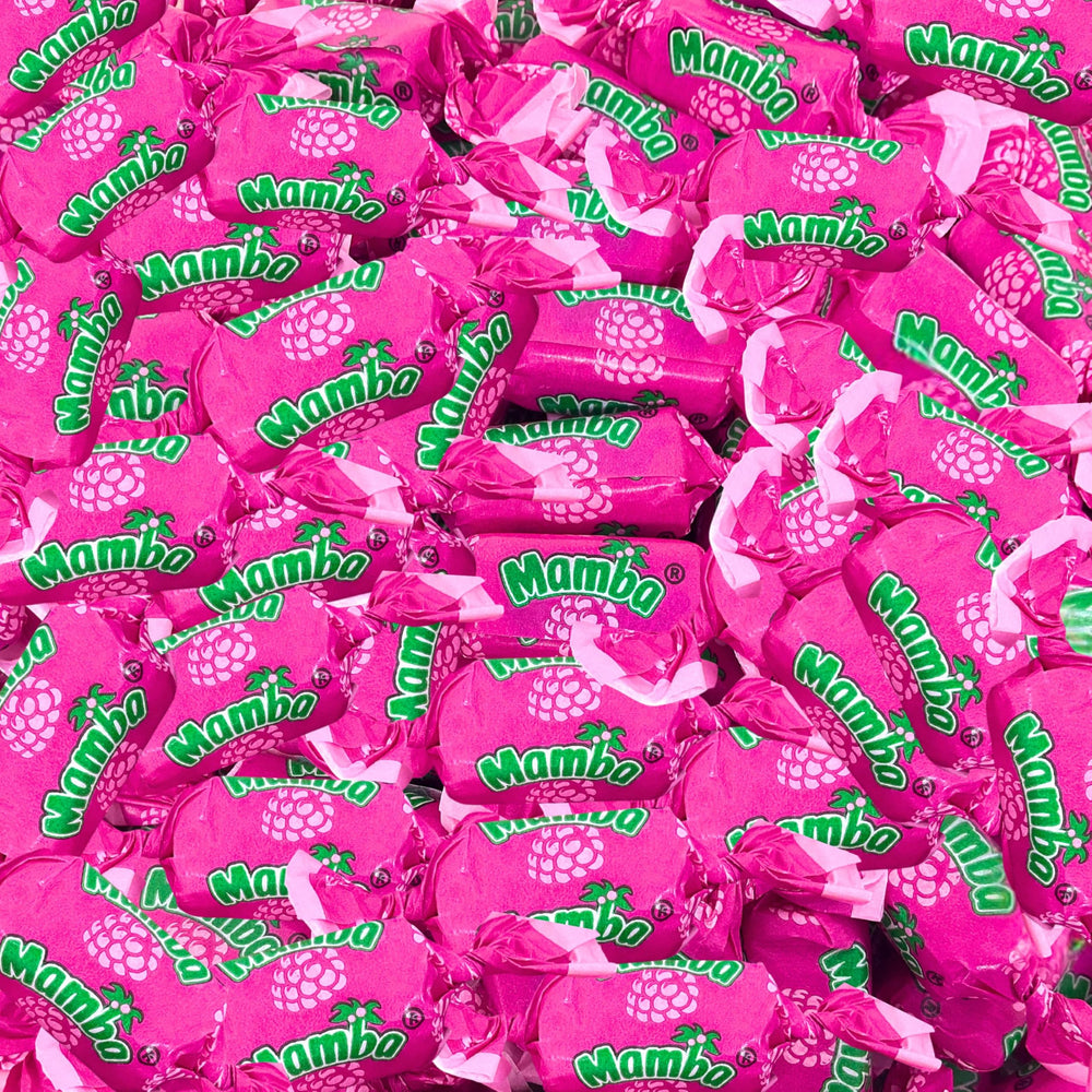 Assortit Mamba raspberry front package showing bag design and weight