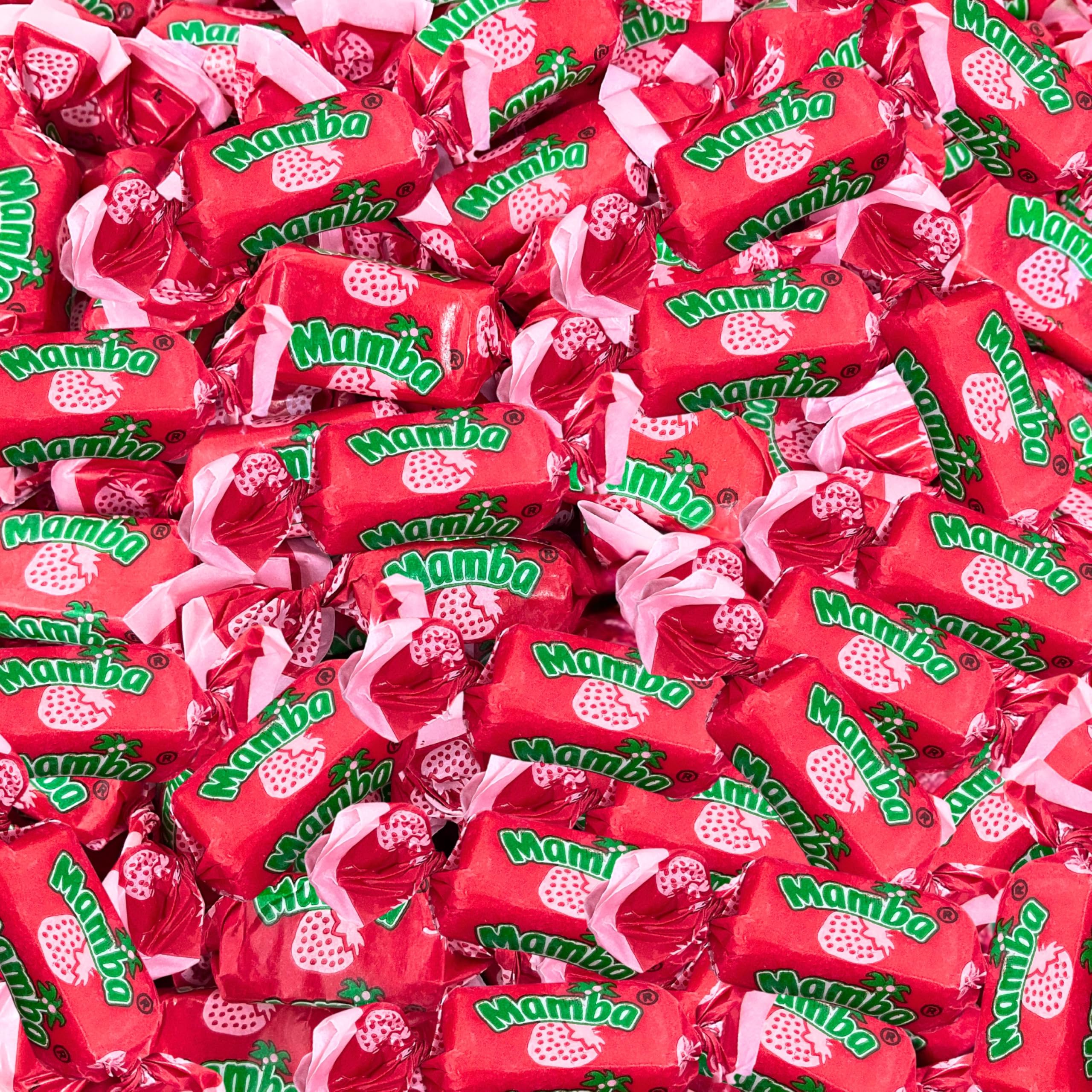 Assortit Mamba front packaging showing one-pound bag and bright strawberry appeal