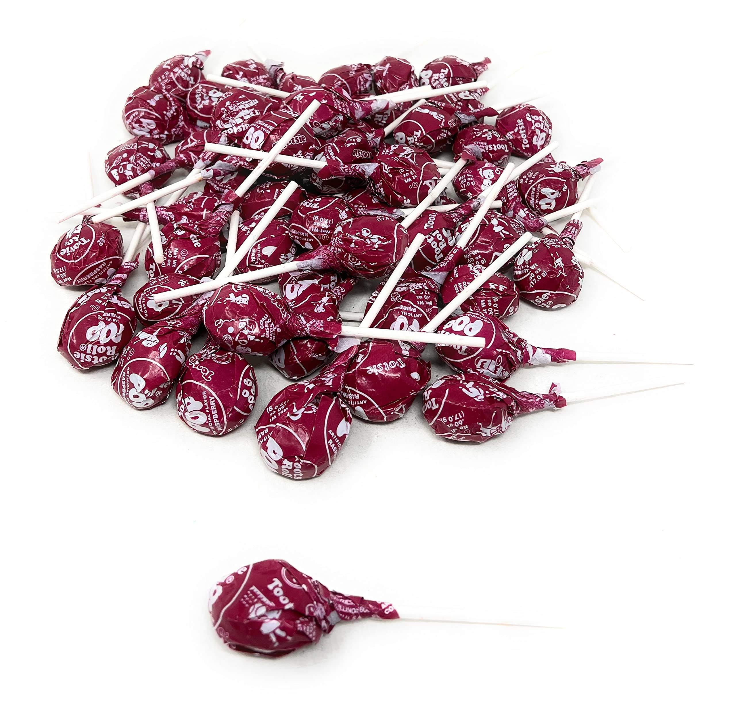 Assortit red raspberry Tootsie Pops front packaging showing bulk quantity and branding