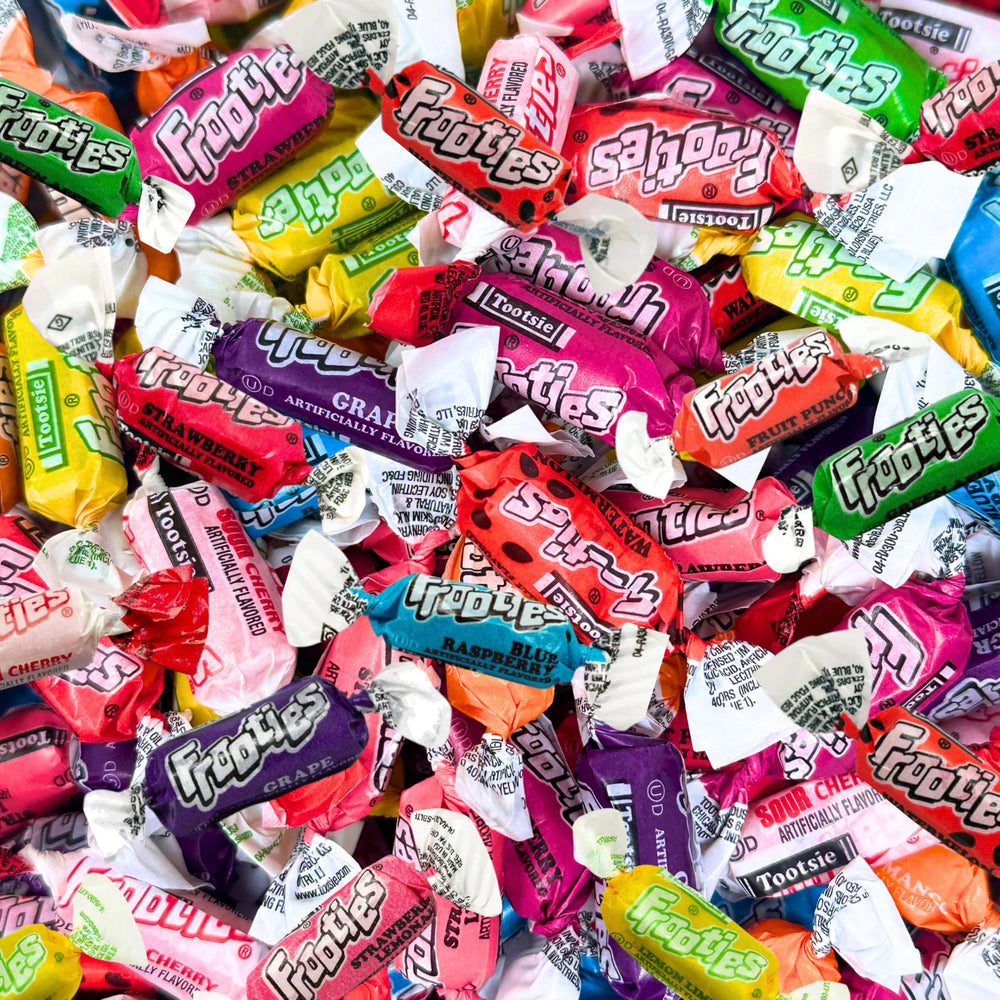 Assortit Tootsie Frooties front packaging showing flavor variety and resealable bag, perfect for parties