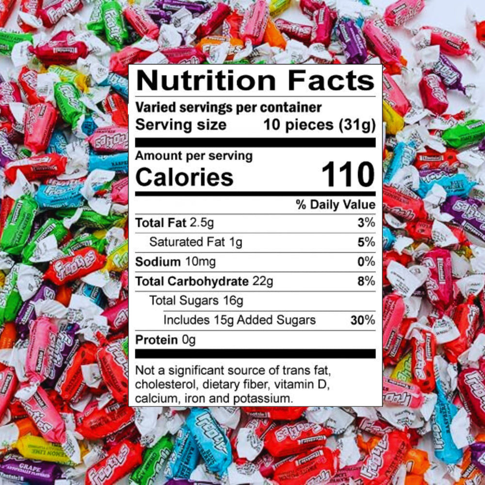 Assortit Tootsie Frooties next to a common object for scale illustrating 1.5 lb bag quantity