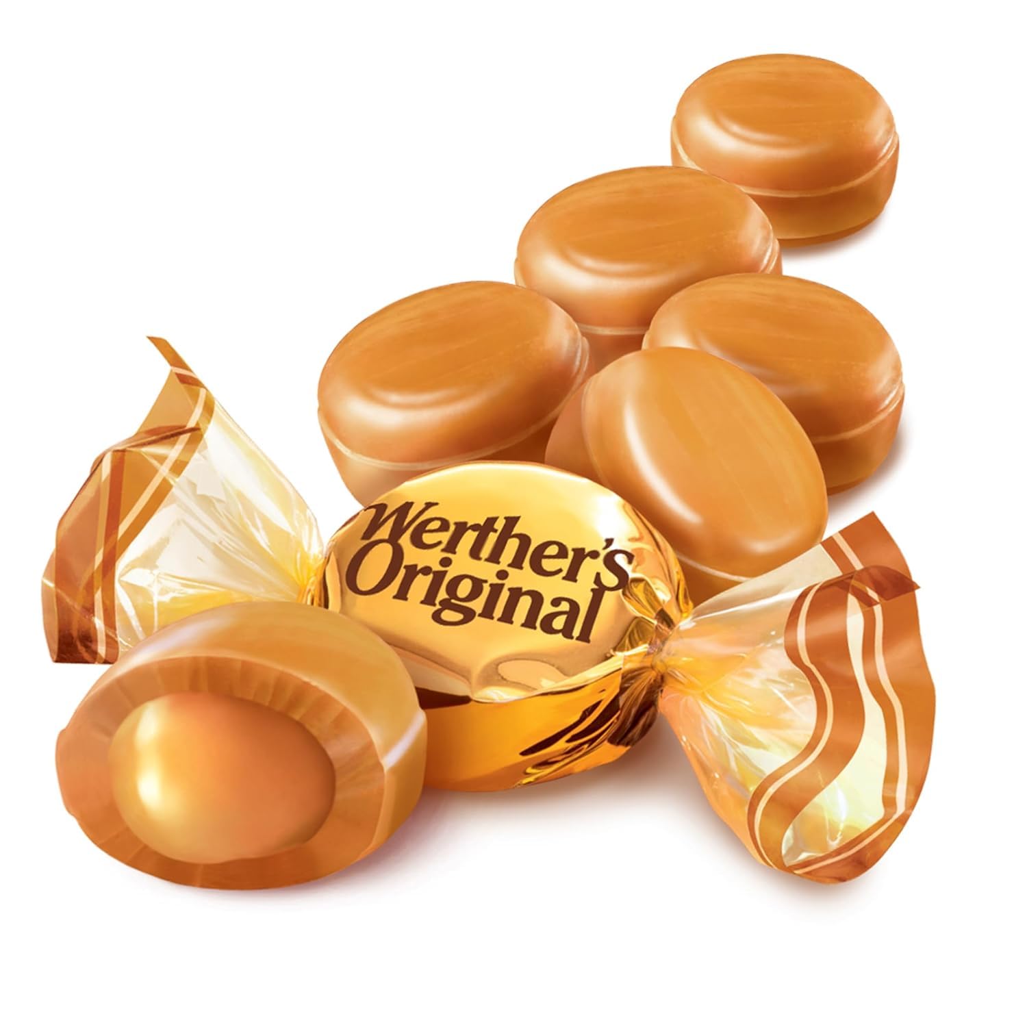 Assortit Werther's Original bag opened with candies in bowl for convenient sharing