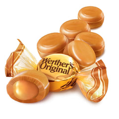 Assortit Werther's Original bag opened with candies in bowl for convenient sharing