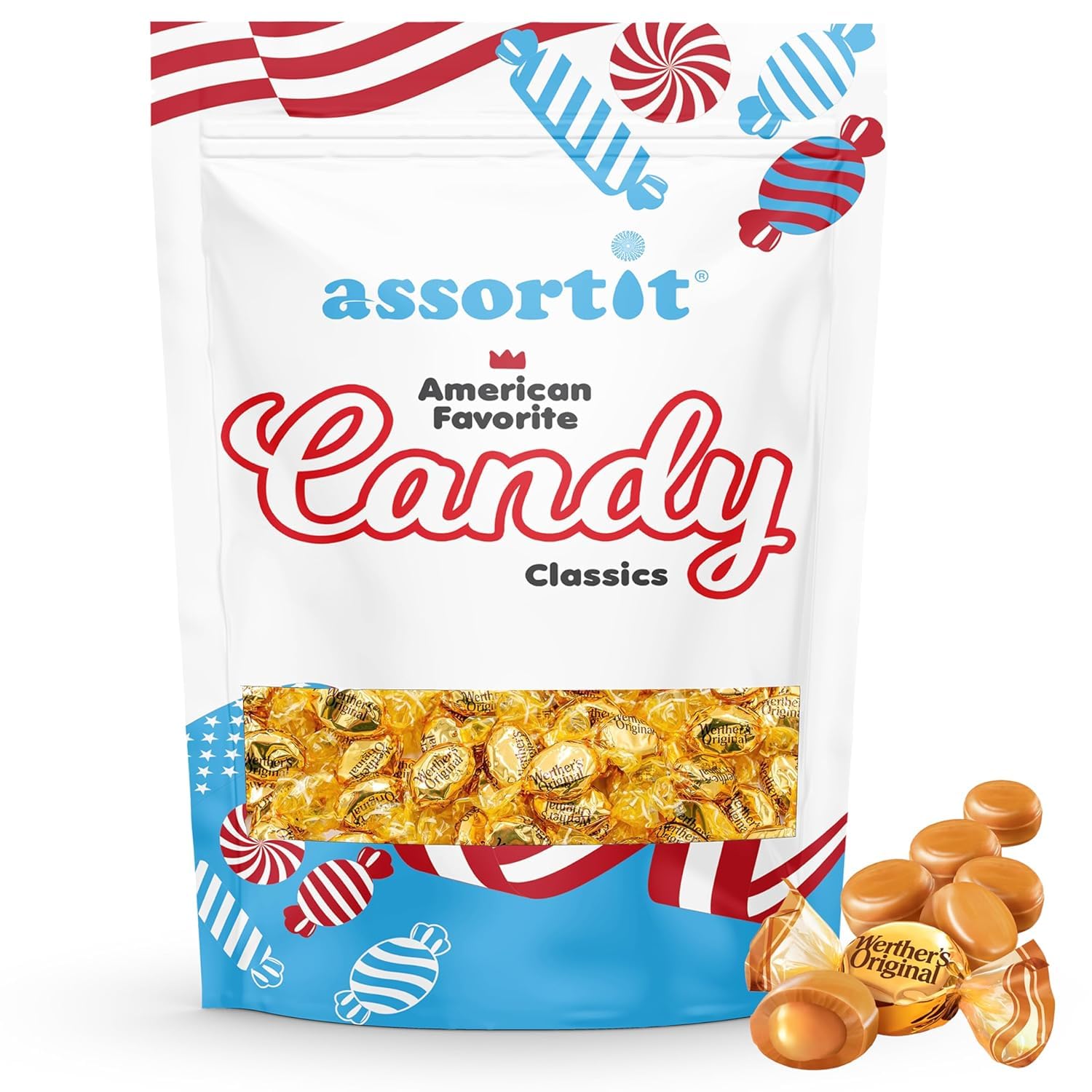 Assortit Werther's Original unwrapped piece revealing creamy center for immediate enjoyment
